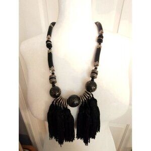 Vintage Black & Silver Snake Beaded Necklace with Tassels